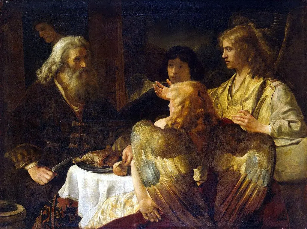 Abraham entertaining the three angels (Genesis 18:9-15), by Jan Victors, oil, 1640