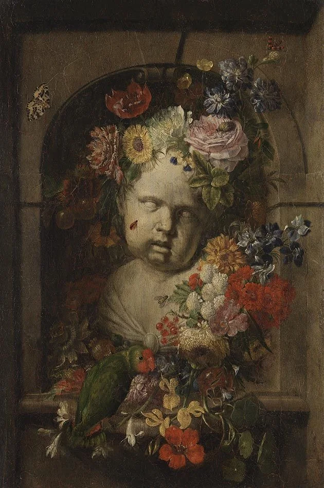 Bust of a child in a flower-decorated niche, detail