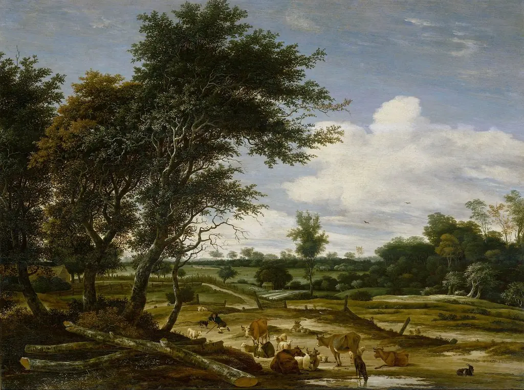 Landscape with herdsmen and cattle, by Jacob Salomonsz. van Ruysdael, oil, 1665