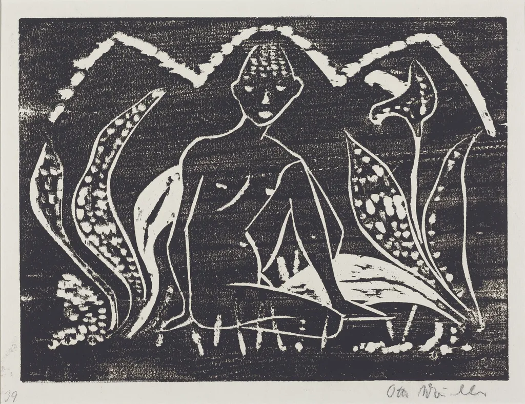 Nude Figure of a Boy in a Landscape (Knabe zwischen Blattpflanzen), by Otto Mueller, ink, 1912