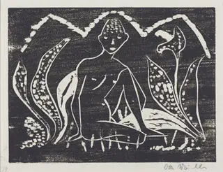 Nude Figure of a Boy in a Landscape (Knabe zwischen Blattpflanzen), by Otto Mueller, ink, 1912