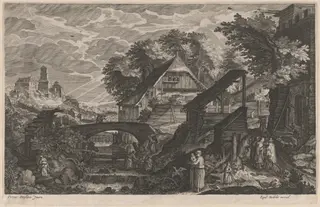 Farm Houses by a River with a City Beyond, by Aegidius Sadeler II, ink, 1612