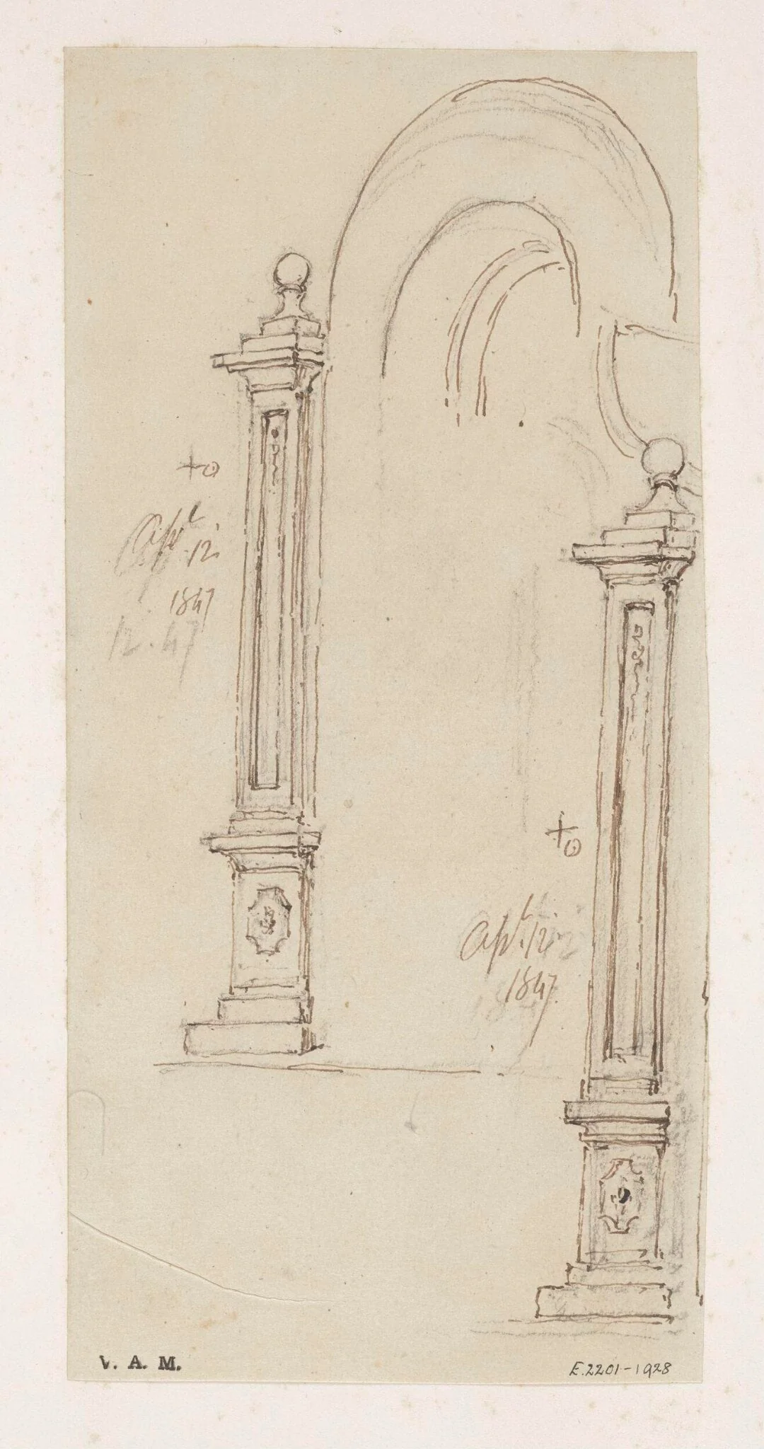 Drawings of a squared column and an arch, detail