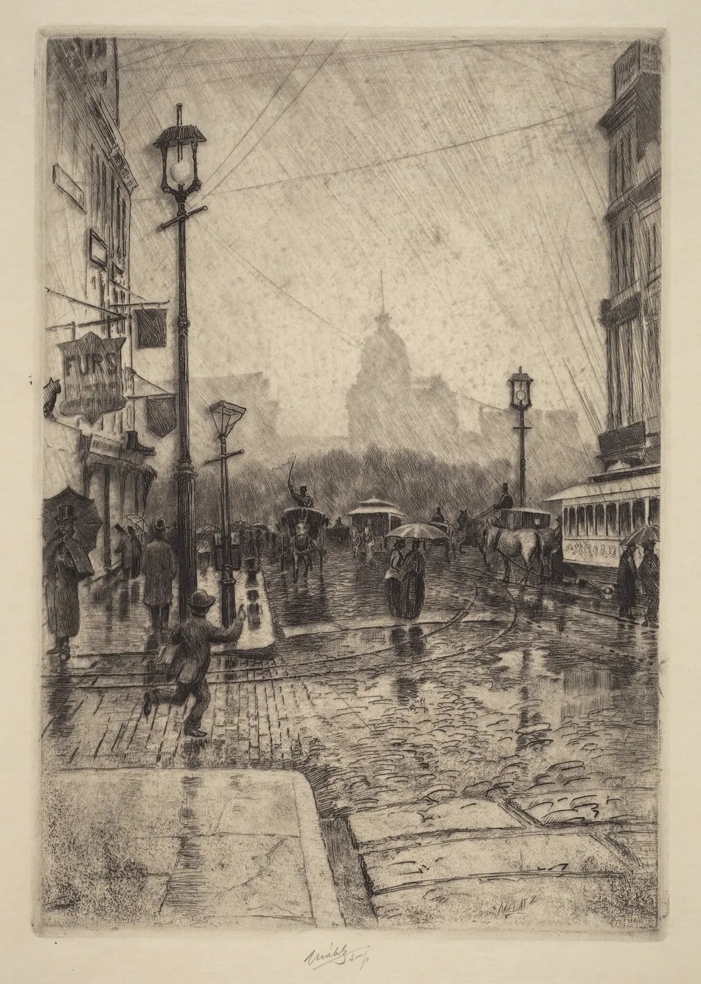 Rainy Day, Broadway, by Charles Frederick William Mielatz, ink, 1890