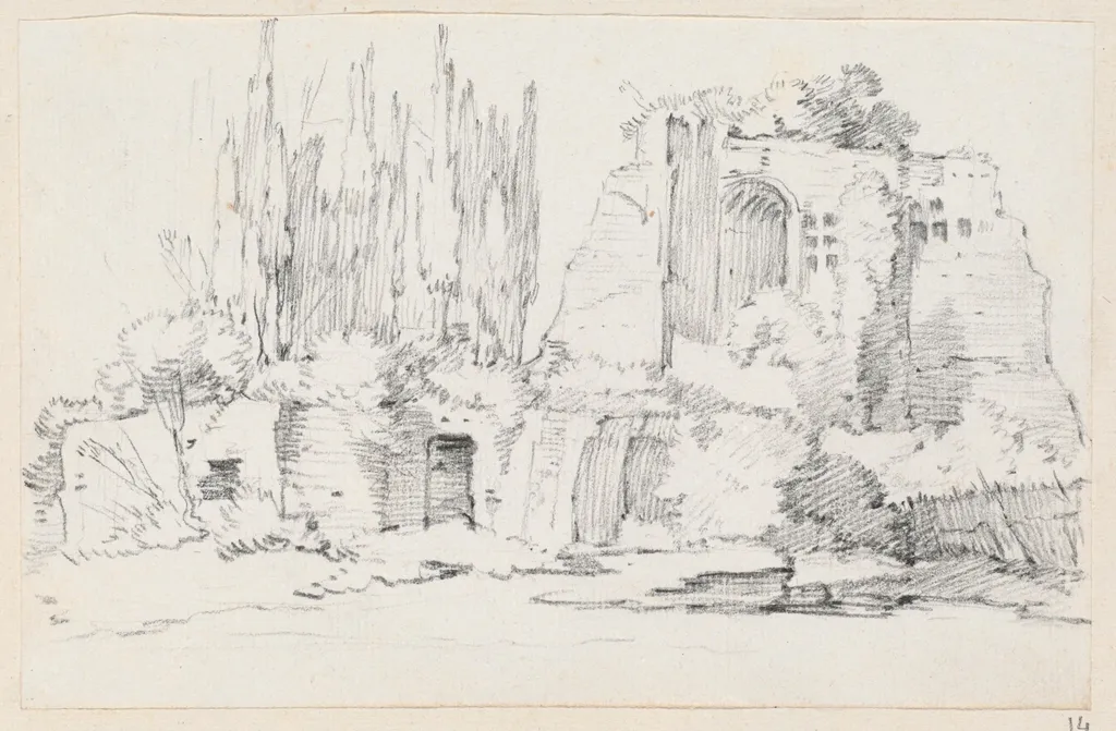 Roman Ruins with a Stand of Cypresses, by Joseph-Marie Vien, graphite, 1747