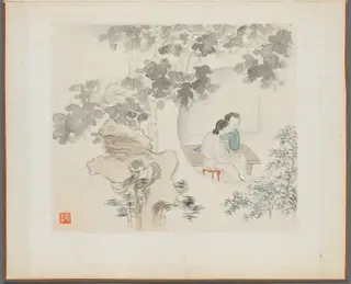 Album of Landscape Paintings Illustrating Old Poems: Two Women with Needlework in a Garden, by Hua Yan, unspecified, 1745