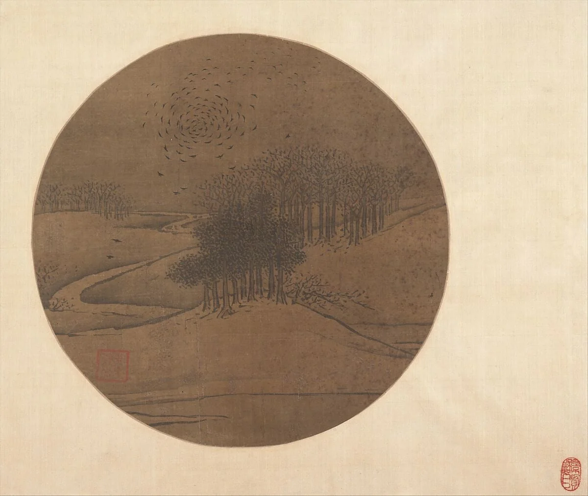 元 佚名 古木寒鴉圖 團扇|Crows and Bare Trees in Winter, detail