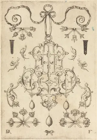 Large Pendant with Three Drops Below, by Daniel Mignot, ink, 1593