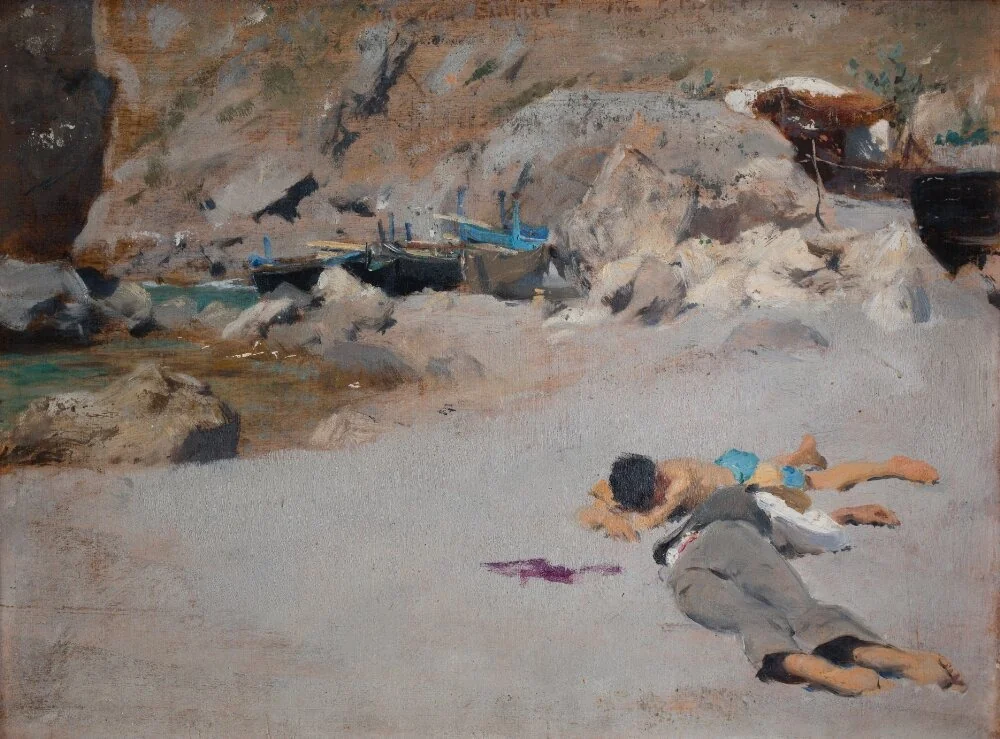 Two Boys on a Beach with Boats, detail