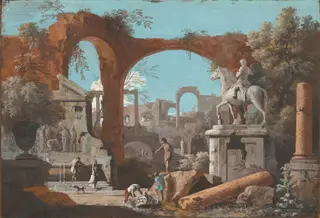 A Capriccio of Roman Ruins, by Marco Ricci, gouache, 1728