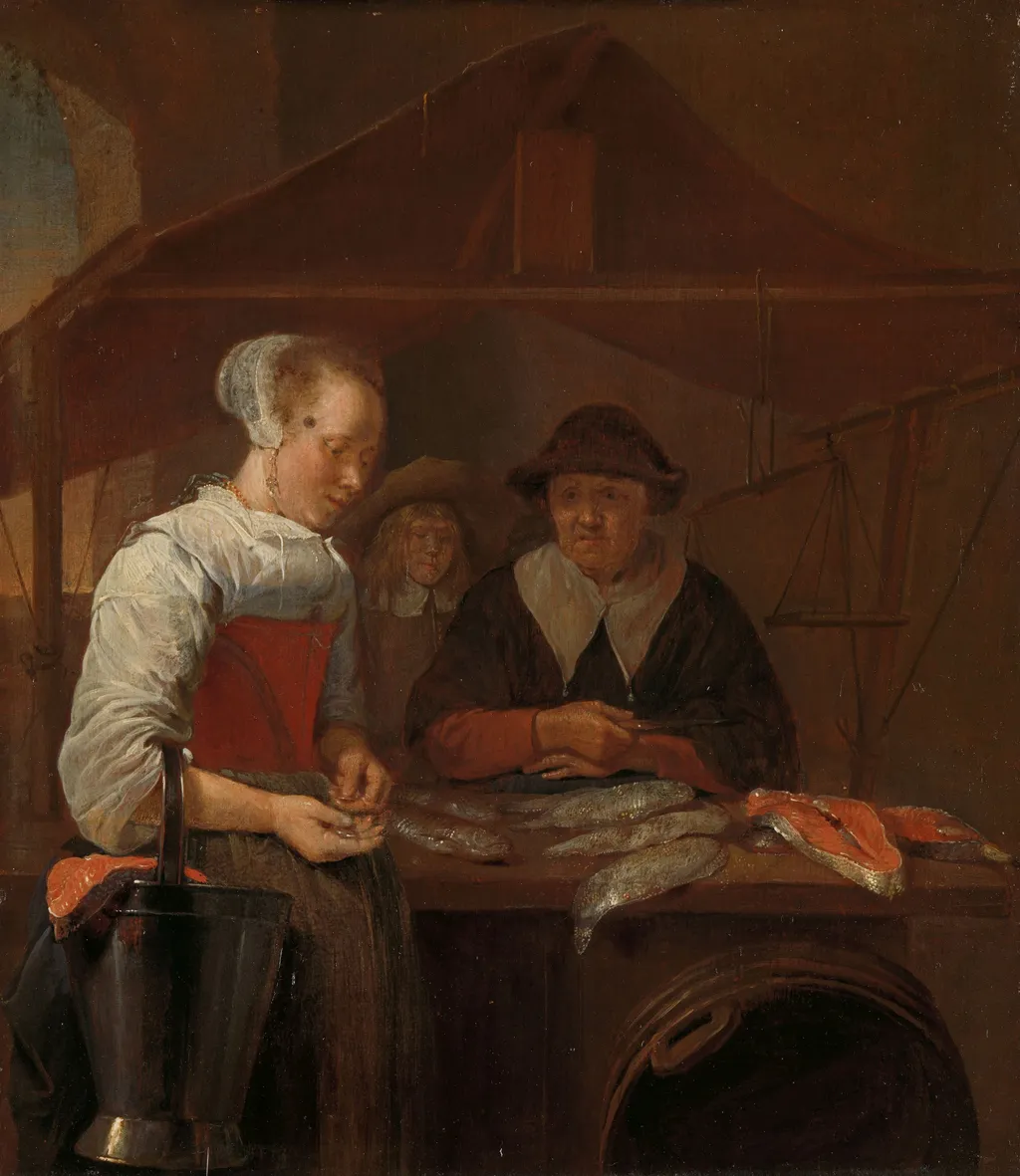 The fishwife, by Quirijn van Brekelenkam, oil, 1660