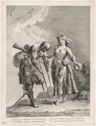 Harlequin as Crippled Soldier, by Francesco Bartolozzi, ink, 1760