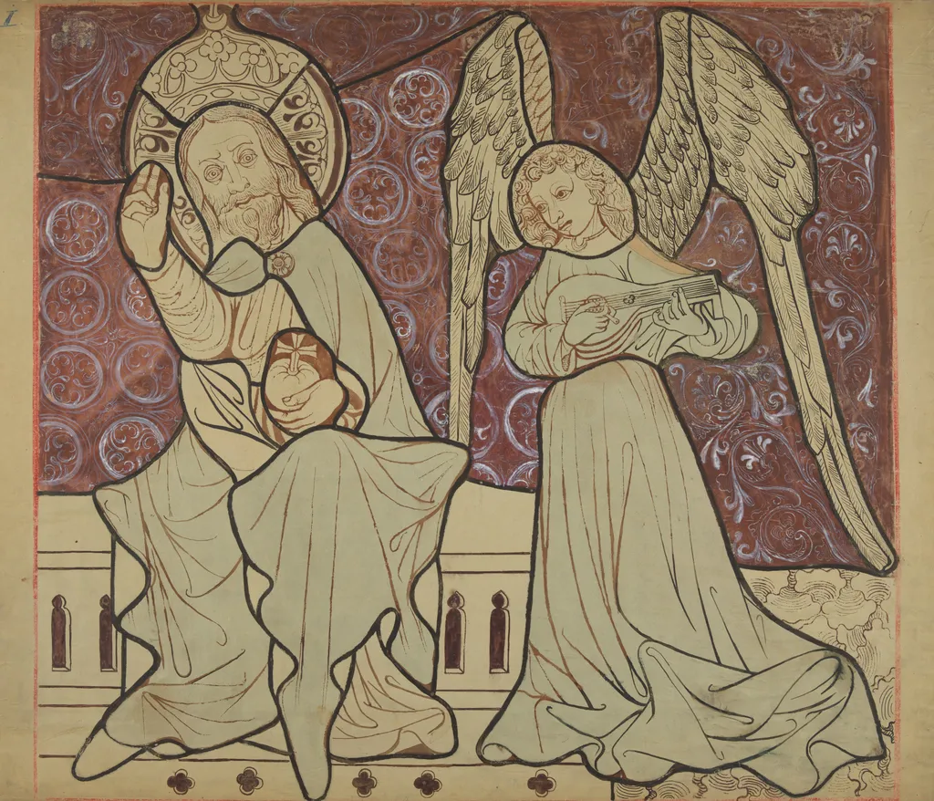 Enthroned Christ with an angel from the scene "Coronation of the Blessed Virgin Mary" (right part). Artistic reconstruction of a stained-glass panel from the Dominican church in Kraków, by Stanisław Wyspiański, gouache, 1898