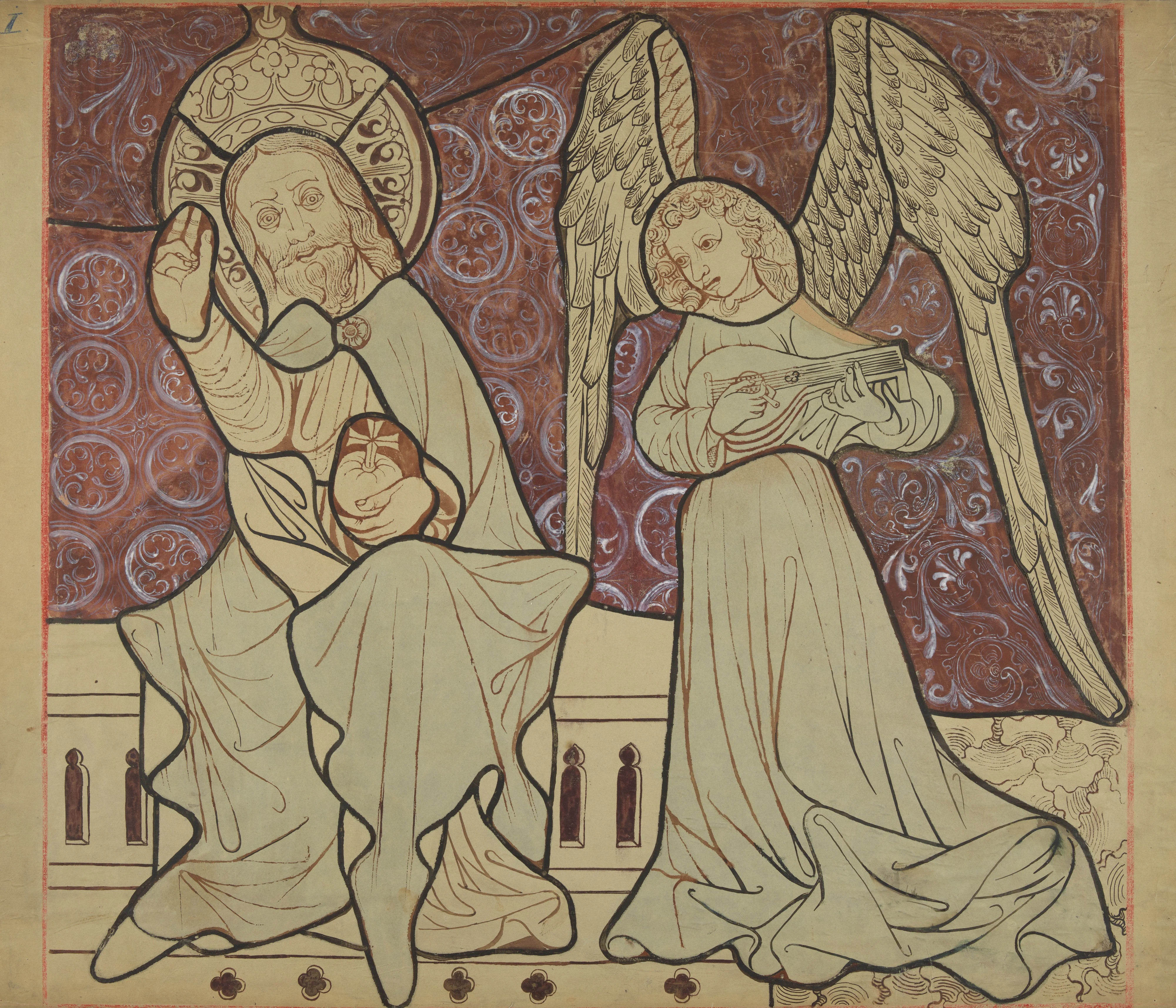 Enthroned Christ with an angel from the scene "Coronation of the Blessed Virgin Mary" (right part). Artistic reconstruction of a stained-glass panel from the Dominican church in Kraków, detail