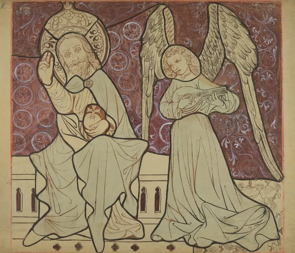 Enthroned Christ with an angel from the scene "Coronation of the Blessed Virgin Mary" (right part). Artistic reconstruction of a stained-glass panel from the Dominican church in Kraków, by Stanisław Wyspiański, gouache, 1898