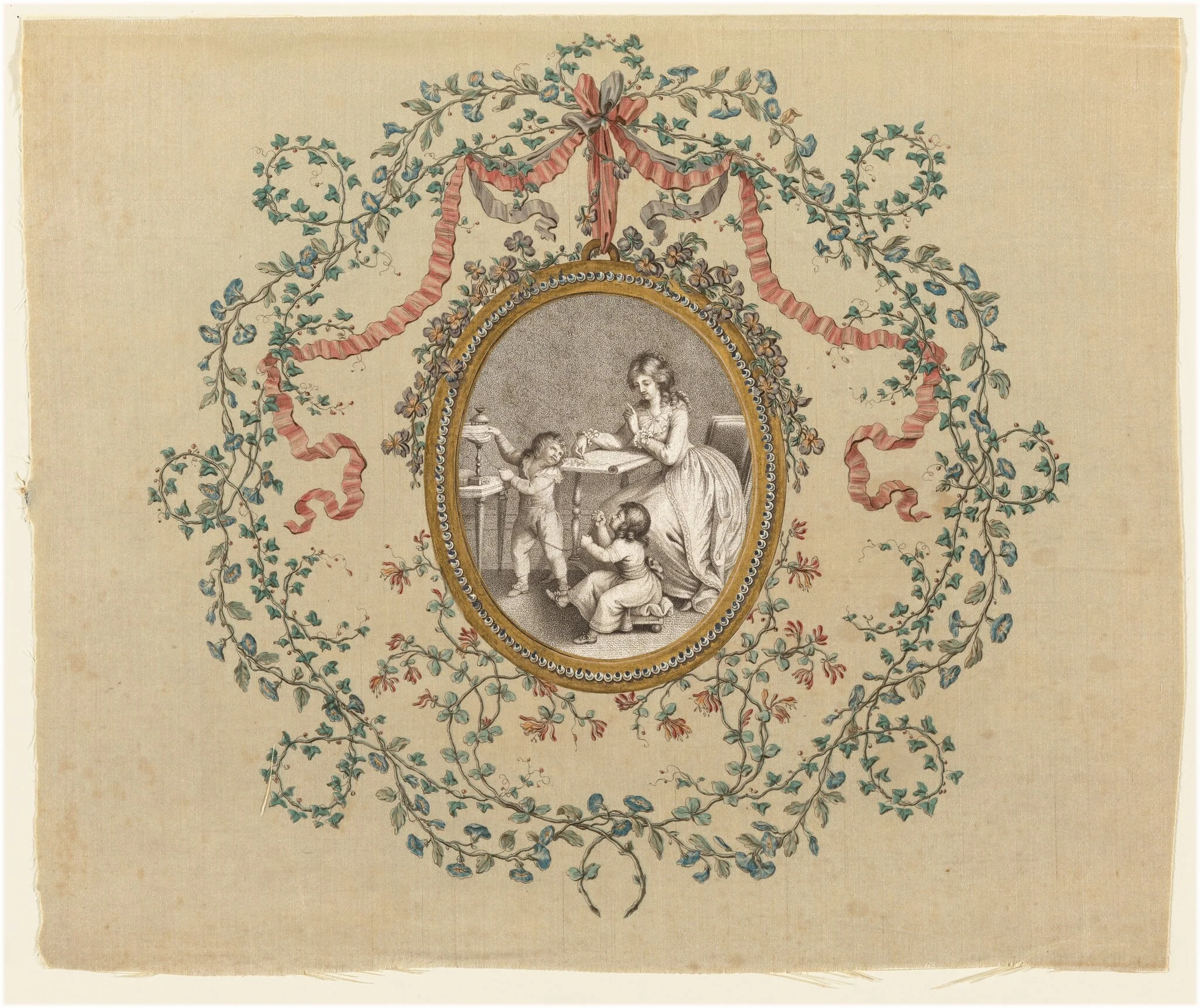Seated Woman Sketching a Design for Embroidery and Children Winding Yarn, detail