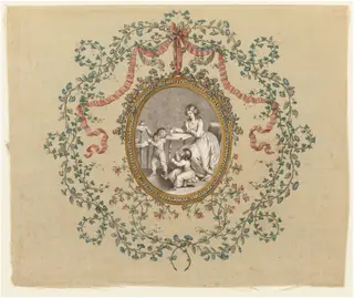 Seated Woman Sketching a Design for Embroidery and Children Winding Yarn, by Various Artists, ink, 1784