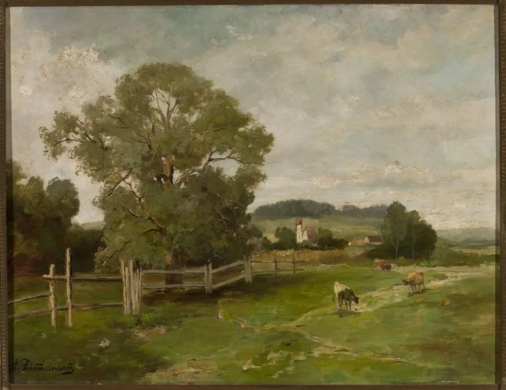 Landscape with cows, by Alfred Zimmermann, oil, 1892