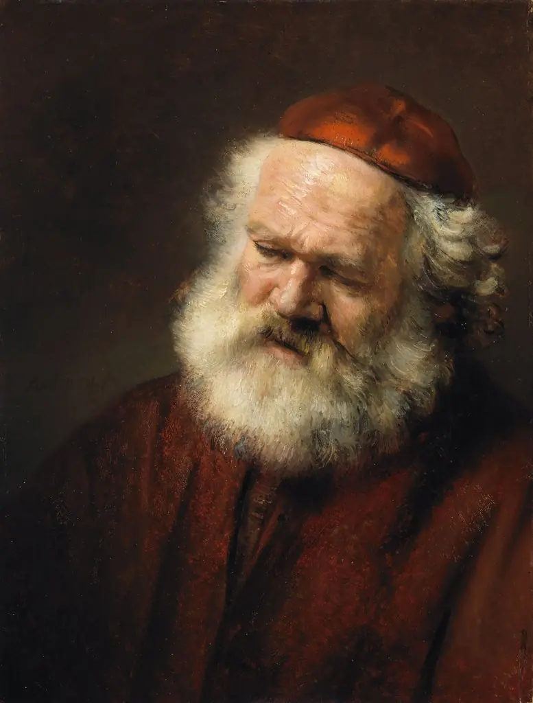 Bust of an old bearded man with red cap, by Rembrandt, oil, 1850