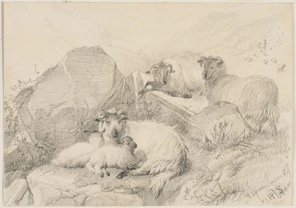Sheep and their lambs in a mountain landscape, by Thomas Sidney Cooper, 1875
