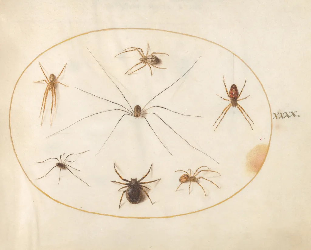 Plate 40: Eight Spiders, Including a Cross Spider, with an Egg Sac, by Joris Hoefnagel, gouache, 1594