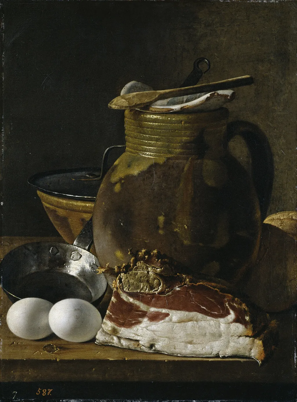 Still Life with Ham Eggs and Vessels, by Luis Egidio Meléndez, oil, 1750