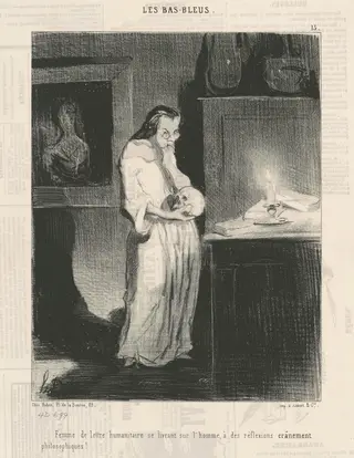 Femme de lettre humanitaire se livrant sur l'homme ..., by Honoré Daumier, ink, 1844