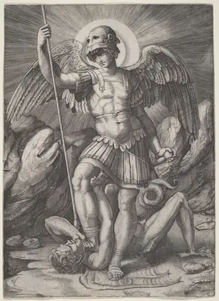 Saint Michael, by Marco Dente, ink, 1520