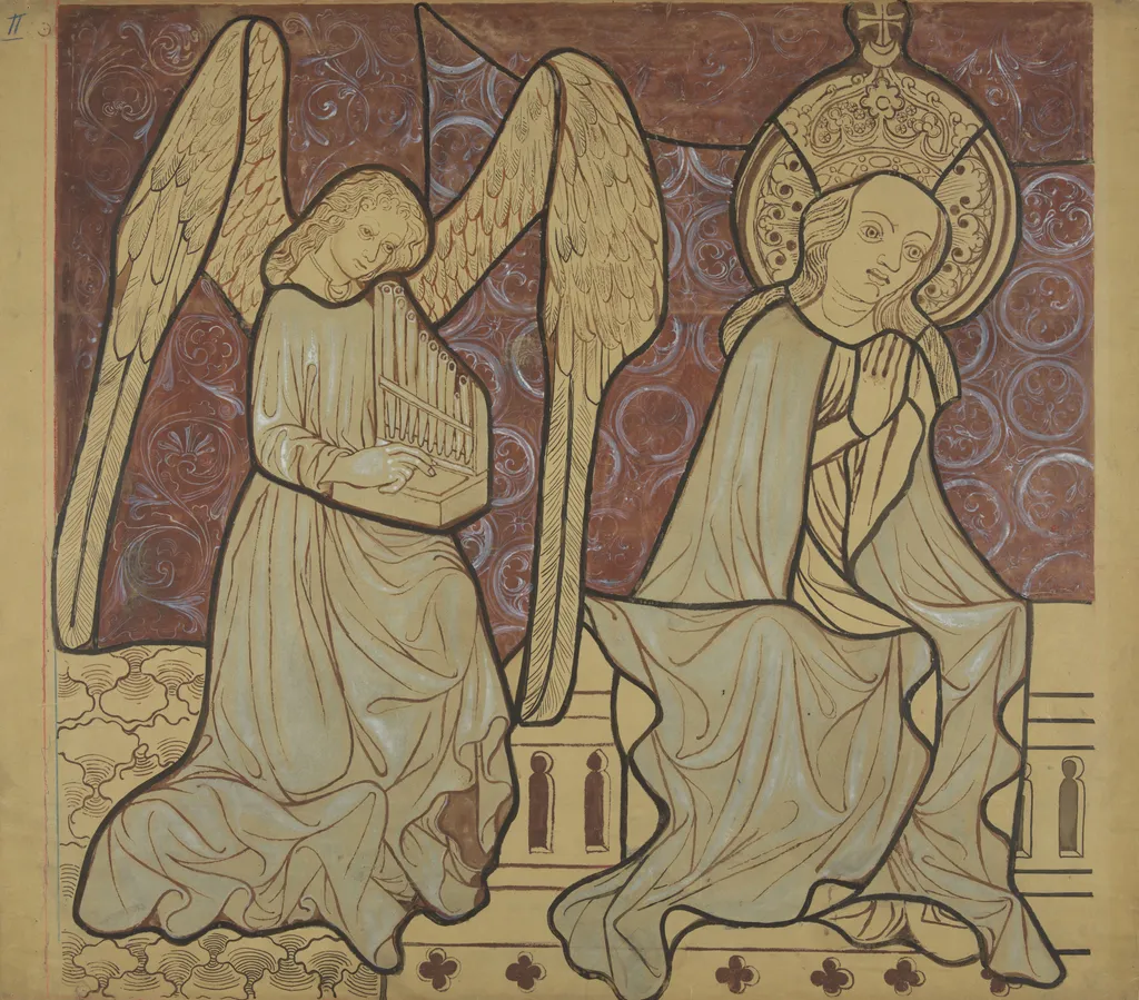 Enthroned Mary with an angel from the scene "Coronation of the Blessed Virgin Mary" (left part). Artistic reconstruction of a stained-glass panel from the Dominican church in Kraków, by Stanisław Wyspiański, gouache, 1898