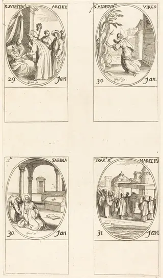 St. Sulpicius; St. Aldegondes; St. Sabina; The Calling of St. Mark, by Jacques Callot, ink, 1634