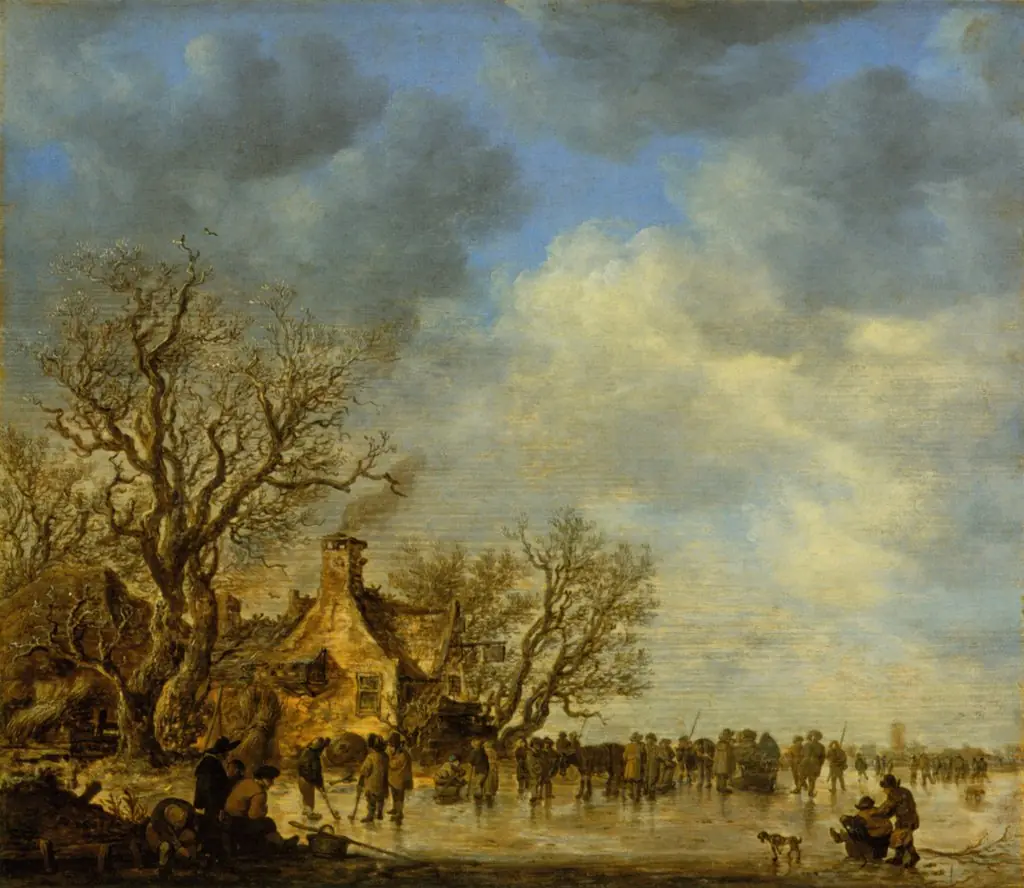 Iceskating before an Inn, by Jan van Goyen, oil, 1650