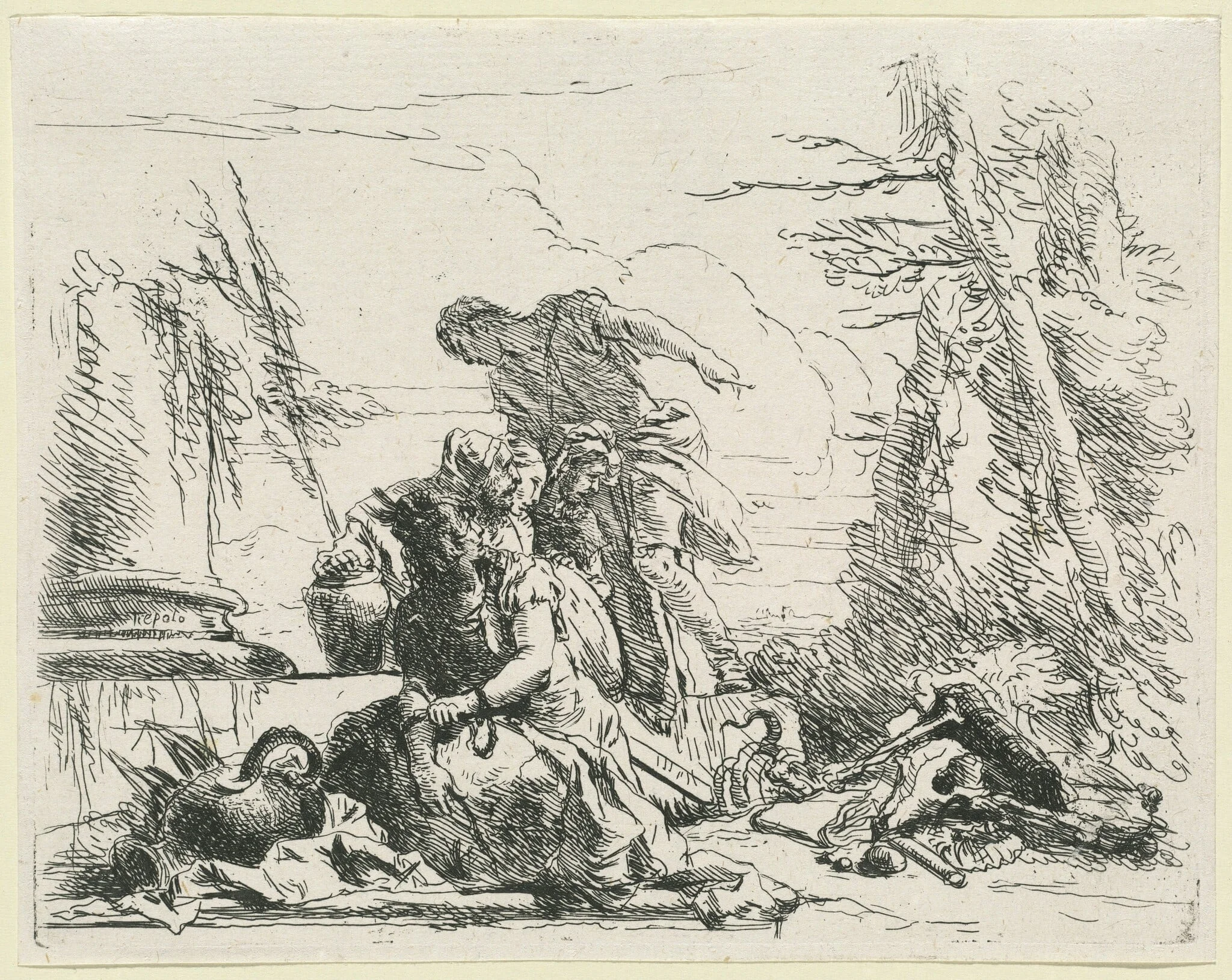 Women and Men Regarding a Burning Pyre of Bones, detail