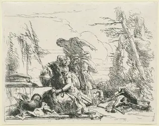 Women and Men Regarding a Burning Pyre of Bones, by Giovanni Battista Tiepolo, ink