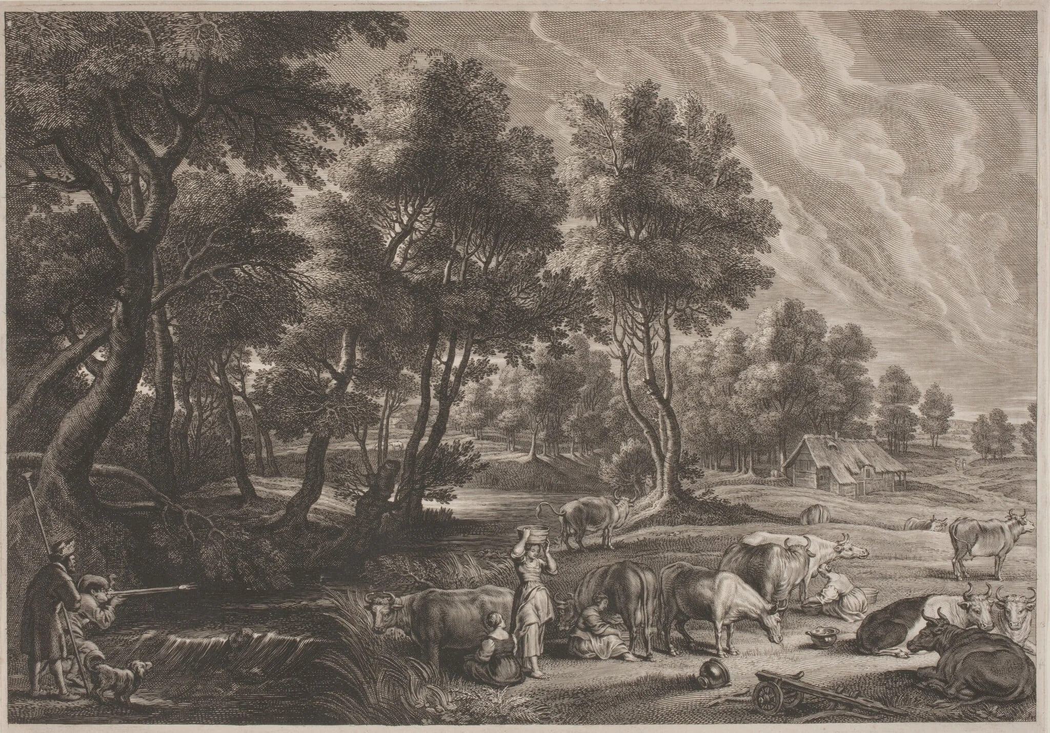 Farm Landscape with Hunters and Milkmaids, detail