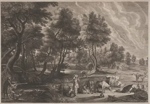 Farm Landscape with Hunters and Milkmaids, by Schelte Adams Bolswert, ink, 1622