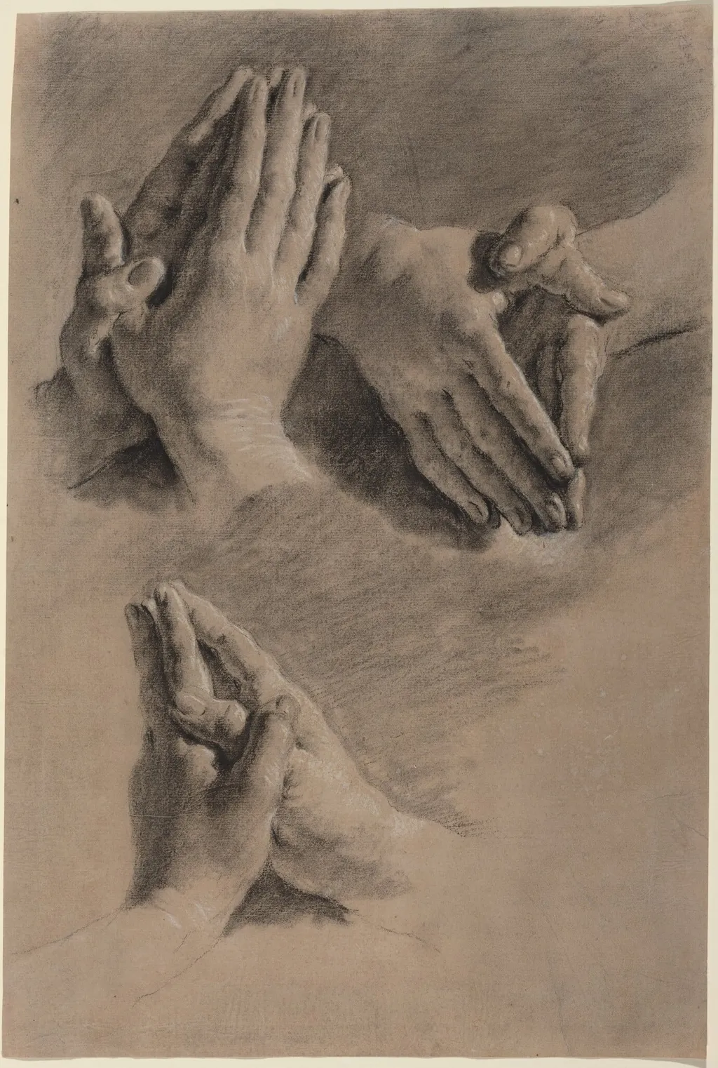 Three Studies of Hands Clasped in Prayer, by Jacopo Guarana, chalk, 1764