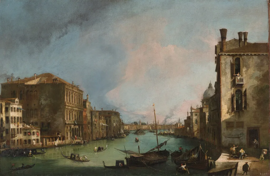 The Grand Canal in Venice with the Rialto Bridge, by Canaletto, oil, 1723