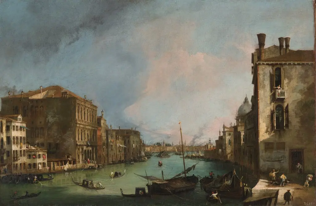 The Grand Canal in Venice with the Rialto Bridge, by Canaletto, oil, 1723