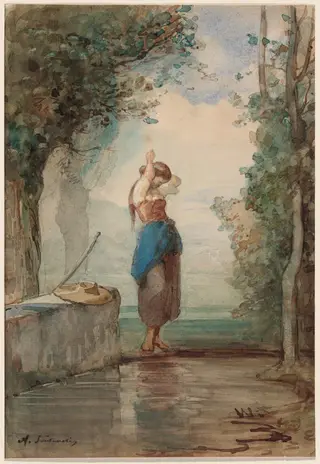 Young Girl Standing by a Stream, by Antonio Fontanesi, watercolor