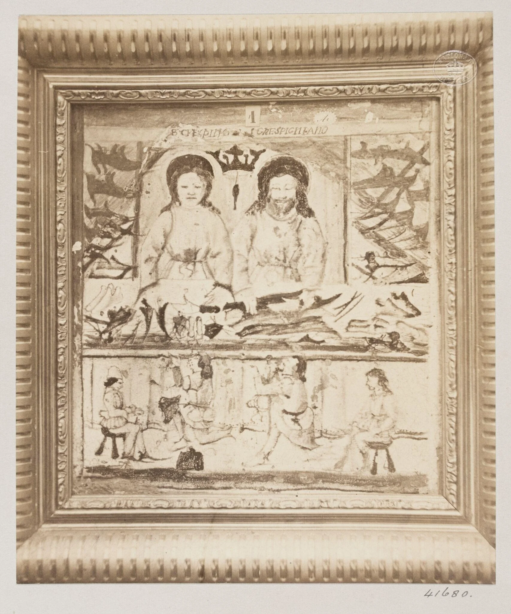 Square Majolica plaque of interior of shoemaker's shop with two figures inscribed St. Crespino and St. Crespigniano, detail