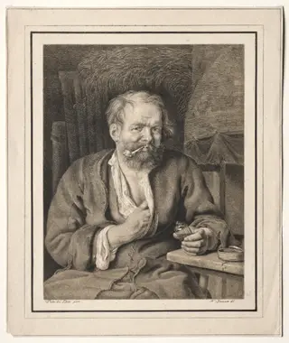 Peasant Sitting at a Table, Smoking a Pipe, by Johann Nepomuk Strixner, 1819