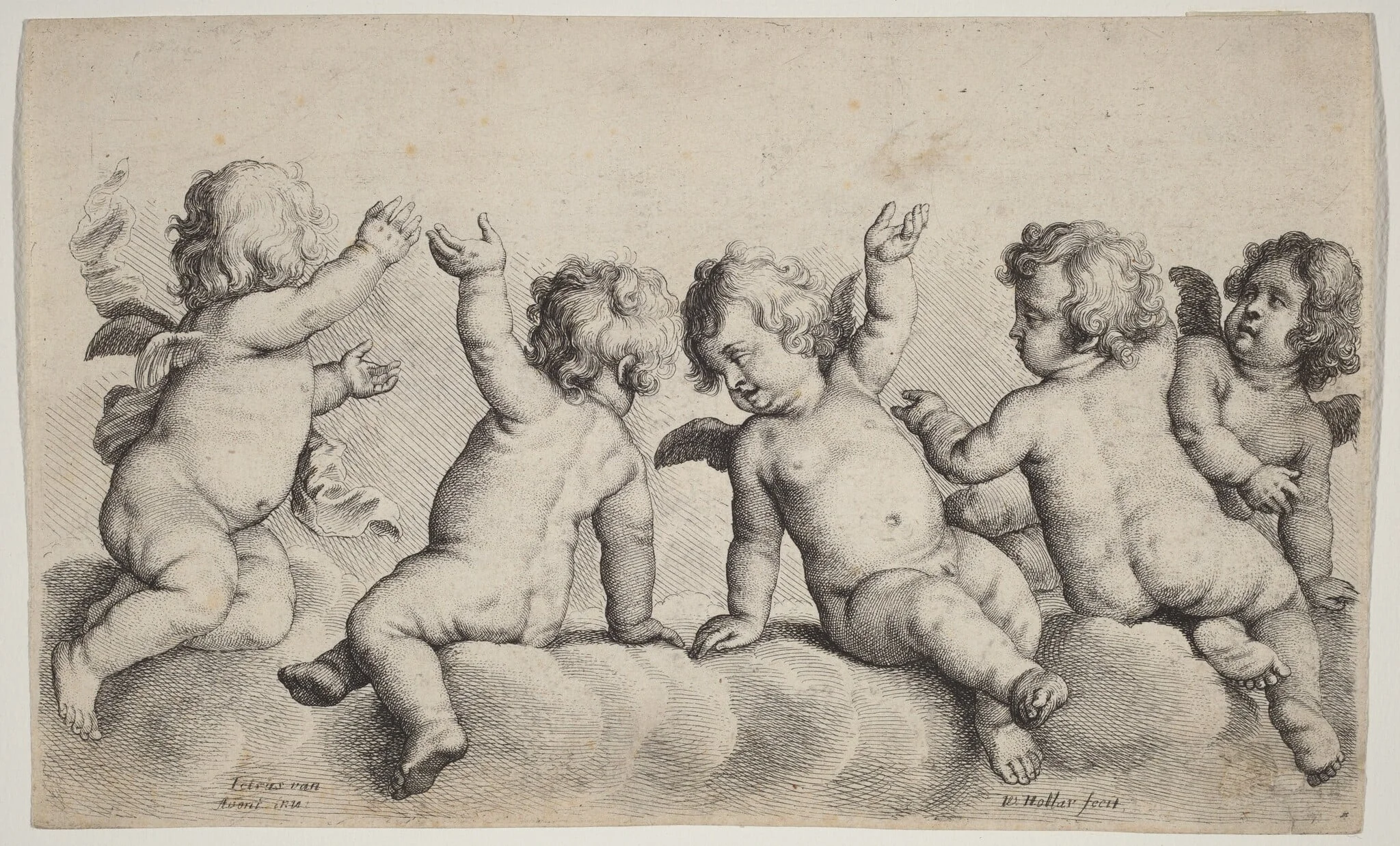 Three Cherubs and Two Boys on Clouds, detail