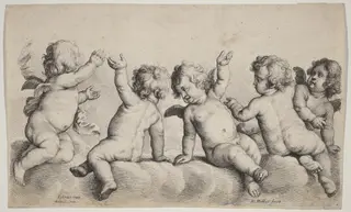 Three Cherubs and Two Boys on Clouds, by Wenceslaus Hollar, ink, 1646