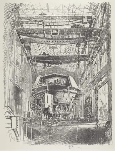 Building the Great Turret, by Joseph Pennell, ink, 1916