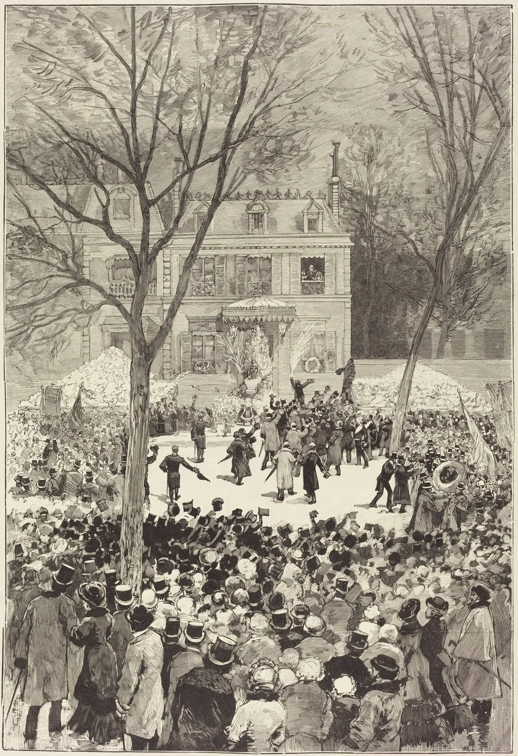 Manifestation populaire du 27 Février pour fêter le 80 année de Victor Hugo, by Auguste Louis Lepère, ink, 1881
