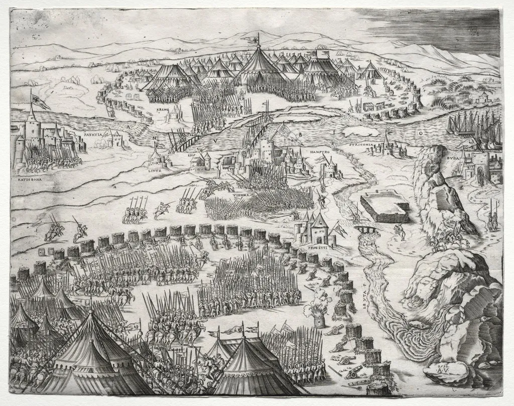 The Position and Camp of the Armies of Charles V and Soliman II, by Agostino dei Musi, 1532