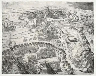 The Position and Camp of the Armies of Charles V and Soliman II, by Agostino dei Musi, 1532