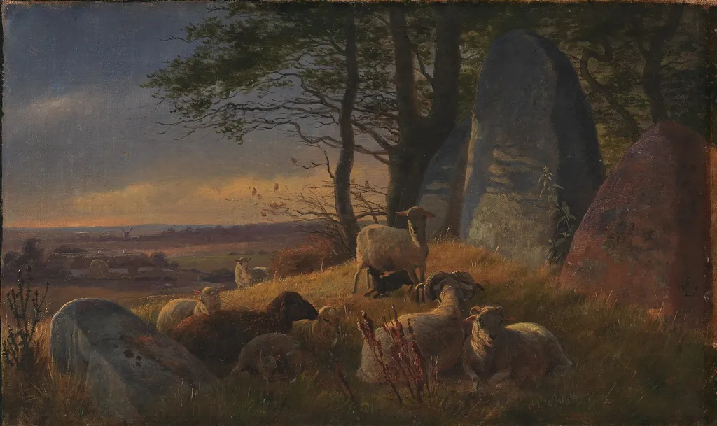 Evening Scene with Sheep on a Mound, by Johan Lundbye, oil, 1845