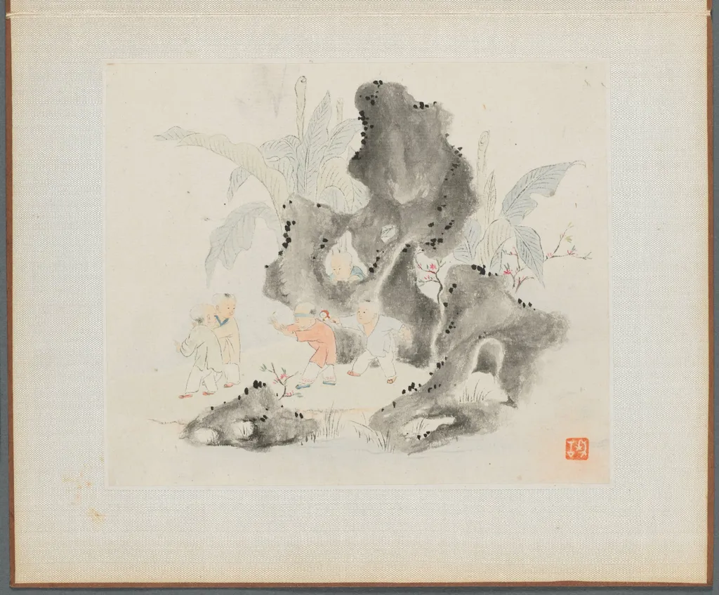 Album of Landscape Paintings Illustrating Old Poems: Children Playing Blindman's Buff in a Garden, by Hua Yan, unspecified, 1745