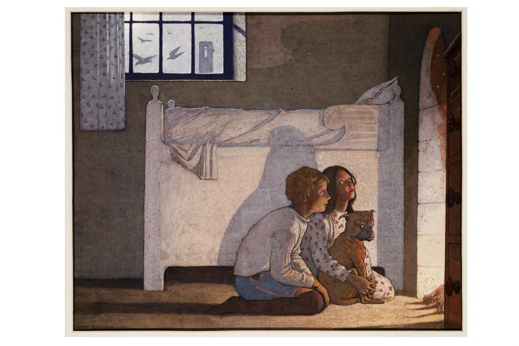 The children by the fireside recounting their adventures, by Frederick Cayley Robinson, watercolor, 1911